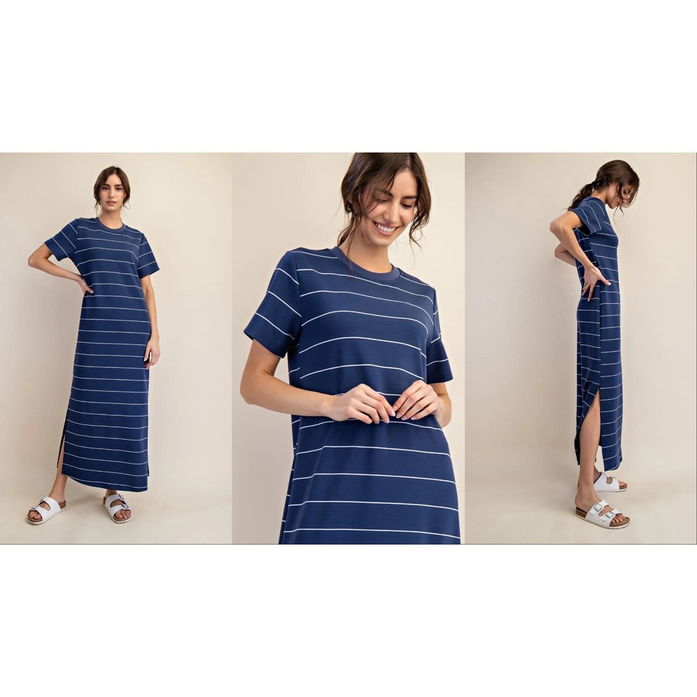 Rae Mode T-Shirt Maxi Dress Womens S Navy White Stripe Butter Soft Modal Scuba